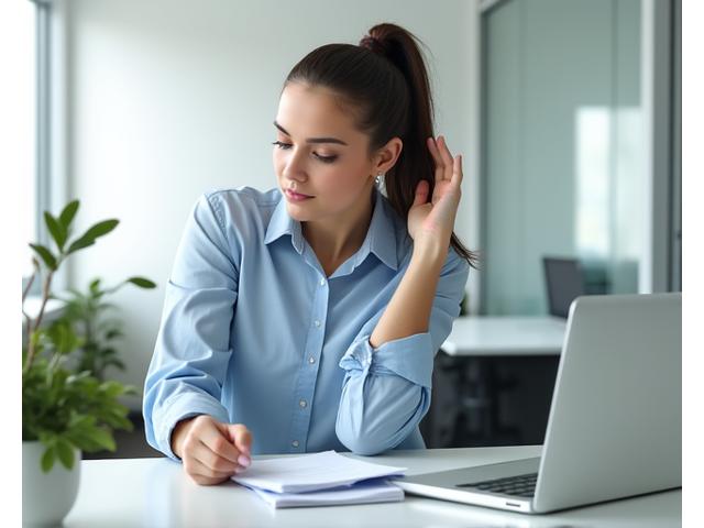 An office worker stretching at their desk